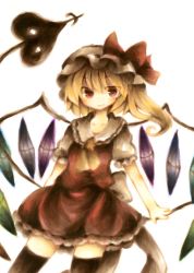 Rule 34 | 1girl, black thighhighs, blonde hair, blouse, collared shirt, female focus, flandre scarlet, hat, mob cap, namakuby, red eyes, shirt, side ponytail, solo, standing, thighhighs, touhou, white background, white hat, white shirt, wings