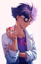 Rule 34 | 1boy, absurdres, black-framed eyewear, closed mouth, coat, collarbone, commentary request, creatures (company), game freak, glasses, grey eyes, hand up, highres, holding, holding poke ball, jacq (pokemon), maki (letusgomaki), male focus, nintendo, open clothes, open coat, poke ball, poke ball (basic), pokemon, pokemon sv, purple hair, purple shirt, shirt, short hair, simple background, smile, solo, striped clothes, striped shirt, upper body, white background