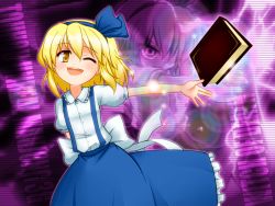 Rule 34 | 1girl, ;d, alice margatroid, alice margatroid (pc-98), ascot, blonde hair, book, dress shirt, female focus, hairband, mystic square, one eye closed, open mouth, shakunada shin, shirt, short hair, skirt, smile, solo, suspenders, touhou, touhou (pc-98), wink, yellow eyes