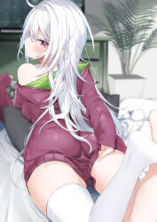 Rule 34 | 1girl, absurdres, ass, bare shoulders, bed, blurry, blurry background, blurry foreground, commentary request, depth of field, hair between eyes, highres, hood, hood down, hoodie, indoors, kamioka shun&#039;ya, legs up, long hair, long sleeves, looking at viewer, looking back, lying, no shoes, off shoulder, on stomach, original, pillow, plant, potted plant, purple eyes, purple hoodie, shiori (kamioka shun&#039;ya), single thighhigh, sleeves past wrists, solo, thighhighs, very long hair, white hair, white thighhighs