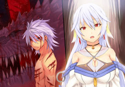 Rule 34 | 1boy, 1girl, albino, bad id, bad pixiv id, blood, breasts, choker, deep wound, dragon, earrings, injury, jewelry, large breasts, long hair, necklace, original, red eyes, topless male, slit pupils, spiked hair, white hair, zhen lu