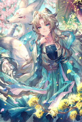 Rule 34 | 1girl, animal ears, blue eyes, branch, brown hair, cherry blossoms, cloud, cloudy sky, falling petals, finger to own chin, fox, fox ears, highres, jewelry, long hair, looking at viewer, necklace, original, parted bangs, petals, pillar, shigaraki (strobe blue), sky, smile, temple