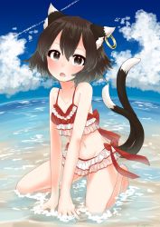 Rule 34 | 1girl, animal ears, bikini, black eyes, black hair, blue sky, blush, cat ears, cat tail, chen, cloud, cloudy sky, day, earrings, egret, frilled bikini, frills, highres, jewelry, kneeling, looking at viewer, multiple tails, navel, outdoors, red bikini, single earring, sky, solo, summer, swimsuit, tail, touhou, two tails, water