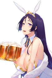 Rule 34 | 1girl, animal ears, artoria pendragon (all), artoria pendragon (fate), artoria pendragon (swimsuit ruler) (fate), artoria pendragon (swimsuit ruler) (fate) (cosplay), bare shoulders, beer mug, blue neckwear, blush, breasts, cleavage, cosplay, cup, detached collar, fake animal ears, fate/grand order, fate (series), feather boa, highres, kakumayu, large breasts, leotard, long hair, looking at viewer, minamoto no raikou (fate), mug, open mouth, parted bangs, playboy bunny, purple eyes, purple hair, rabbit ears, simple background, smile, solo, tiara, very long hair, white background, white leotard, wrist cuffs