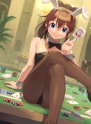 Rule 34 | 1girl, animal ears, backlighting, bare shoulders, between fingers, black bow, black bowtie, black hairband, black leotard, blue eyes, bow, bowtie, brown pantyhose, card, casino, closed mouth, commentary request, crossed legs, dutch angle, fake animal ears, hair between eyes, hair bow, hairband, highres, holding, holding card, idolmaster, idolmaster million live!, indoors, joker (playing card), kamille (vcx68), knee up, leg up, lens flare, leotard, long hair, looking at viewer, pantyhose, playboy bunny, playing card, poker chip, poker table, ponytail, rabbit ears, satake minako, sidelocks, smile, solo, strapless, strapless leotard, table, wrist cuffs