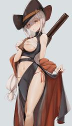 Rule 34 | 1girl, alternate costume, arknights, bandages, bare shoulders, black dress, black headwear, breastless clothes, breasts, commentary request, downscaled, dress, eyyy, feet out of frame, grey background, hair between eyes, hand on own chest, highres, long hair, looking at viewer, low-tied long hair, medium breasts, navel, orange eyes, panties, parted lips, resized, revision, sarashi, side-tie panties, side slit, silver hair, simple background, skadi (arknights), sleeveless, sleeveless dress, solo, standing, stomach, underwear, very long hair