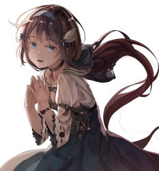 Rule 34 | 1girl, bad id, bad pixiv id, black bow, black choker, blue dress, blue eyes, blue hairband, bow, brown hair, choker, collarbone, dress, hair ornament, hairband, highres, long hair, long sleeves, looking at viewer, low ponytail, original, parted lips, saraki, simple background, solo, steepled fingers, very long hair, white background, wide sleeves