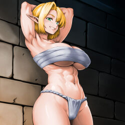 Rule 34 | 1girl, abs, armpits, arms behind head, arms up, breasts, brick wall, chest sarashi, commentary request, elf, fundoshi, green eyes, grin, highres, japanese clothes, large breasts, long pointy ears, looking at viewer, minamoto80486, muscular, muscular female, navel, pointy ears, running bond, sarashi, short hair, smile, solo, stomach, toned, underboob, wizardry