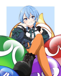 Rule 34 | 1girl, black dress, black footwear, blue eyes, blue hair, blue jacket, boots, bow, bow earrings, collared dress, cross-laced footwear, crossed legs, double-parted bangs, dress, earrings, felutiahime, grin, hair between eyes, head rest, highres, hololive, hoshimachi suisei, hoshimachi suisei (streetwear), jacket, jewelry, lace, lace-up boots, lace sleeves, long sleeves, looking at viewer, neck ribbon, official alternate costume, official alternate hair length, official alternate hairstyle, orange pantyhose, pantyhose, puyo (puyopuyo), puyopuyo tetris, quilted jacket, ribbon, short hair, short sleeves, sitting, smile, solo, star (symbol), star in eye, symbol in eye, two-sided fabric, two-sided jacket, virtual youtuber