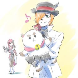 Rule 34 | 1boy, 1girl, bee and puppycat, bell, black hat, bowler hat, cat doll, commentary request, eyelashes, hair over one eye, hat, highres, holding, holding stuffed toy, hug, iesupa, multicolored hair, musical note, neo politan, puppycat, roman torchwick, rwby, sad, smile, split-color hair, standing, stuffed toy
