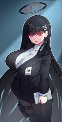 Rule 34 | 1girl, absurdres, black hair, black pantyhose, black skirt, black suit, blue archive, breasts, formal, hair ornament, hairclip, halo, highres, id card, large breasts, long hair, long sleeves, looking at viewer, masked agent, open mouth, pantyhose, pleated skirt, puffy long sleeves, puffy sleeves, red eyes, rio (blue archive), skirt, solo, suit, sweater, tablet pc, thigh strap, turtleneck, turtleneck sweater, white sweater