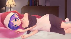 Rule 34 | 1girl, bare shoulders, black dress, blue eyes, blue hair, book, closed mouth, doremy sweet, dream soul, dress, hat, highres, indoors, kanpa (campagne 9), lamp, light smile, looking at viewer, lying, multicolored clothes, multicolored dress, nightcap, on bed, on side, pom pom (clothes), red hat, shelf, short hair, solo, strap slip, touhou, white dress