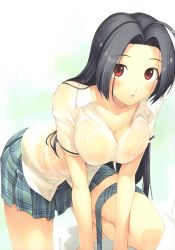 Rule 34 | 1girl, absurdres, blue hair, breasts, checkered clothes, checkered skirt, cleavage, collarbone, downblouse, dress shirt, green background, green skirt, hanging breasts, highres, idolmaster, idolmaster (classic), large breasts, looking at viewer, miura azusa, necktie, unworn necktie, plaid, plaid necktie, plaid neckwear, plaid skirt, pleated skirt, red eyes, rough time school, school uniform, shirt, simple background, skirt, solo, tanaka shoutarou, tareme