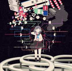 Rule 34 | 1girl, air conditioner, album cover, black skirt, black socks, blue necktie, cable, circuit board, commentary request, cover, crescent moon, faceless, faceless female, ferris wheel, full moon, grey hair, headphones, highres, highway, kneehighs, moon, moon phases, necktie, odori (super normal), original, railroad crossing, railroad signal, school uniform, security camera, serafuku, skirt, smoke tower, socks, solo, standing, subway map, traffic light, transmission tower, wire