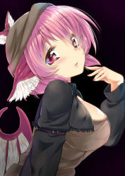 Rule 34 | 1girl, :3, animal ears, ase (nigesapo), black background, black jacket, blush, breasts, brown hat, brown shirt, buckle, cropped jacket, frilled jacket, frills, from side, hand up, hat, jacket, long sleeves, looking at viewer, looking to the side, medium breasts, mystia lorelei, nail polish, parted lips, pink hair, pink nails, purple eyes, shirt, short hair, simple background, skindentation, smile, solo, tareme, touhou, upper body, wings