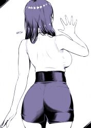 Rule 34 | 1girl, ass, bare arms, breasts, facing away, fingernails, from behind, glasses, hand up, highres, large breasts, long fingernails, long hair, nanahime, original, simple background, skirt, sleeveless, sleeveless sweater, solo, sweater, sweater tucked in, turtleneck, turtleneck sweater, waving, white background