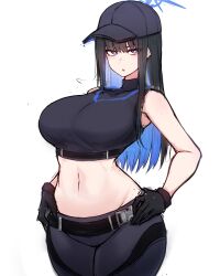 Rule 34 | 1girl, absurdres, bare arms, bare shoulders, baseball cap, belt, black belt, black gloves, black hair, black hat, black pants, black shirt, blue archive, blue eyes, blue hair, breasts, colored inner hair, commentary, cowboy shot, crop top, gloves, hat, highres, large breasts, leggings, long hair, looking at viewer, midriff, multicolored hair, navel, pants, parted lips, rikuguma, saori (blue archive), shirt, simple background, sleeveless, sleeveless shirt, solo, standing, stomach, thighs, very long hair, white background
