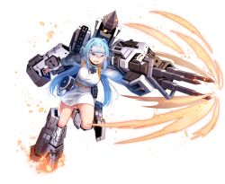 Rule 34 | absurdres, alternate form, alternate hair color, artist request, blue eyes, blue hair, breasts, cosmic break, cross, dress, hanna fritz, hanna fritz bi, headband, highres, iron cross, large breasts, leg armor, long hair, military uniform, official art, open mouth, outstretched arm, pile bunker, second-party source, soldier, teeth, thighs, uniform, white dress