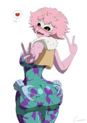 Rule 34 | 10s, 1girl, 2girls, antennae, ashido mina, ass, ass grab, black sclera, bodysuit, boku no hero academia, canime, colored sclera, colored skin, double v, female focus, from behind, gloves, hagakure tooru, huge ass, invisible, looking at viewer, looking back, multiple girls, pink hair, pink skin, simple background, solo, spandex, v, white background, yuri