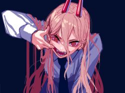 Rule 34 | 1girl, black necktie, blue background, chainsaw man, cross-shaped pupils, demon girl, demon horns, finger in own mouth, hair between eyes, highres, horns, kaneni, leaning forward, long hair, looking at viewer, necktie, neckwear request, open mouth, pink hair, power (chainsaw man), red horns, sharp teeth, shirt, simple background, sketch, smile, solo, symbol-shaped pupils, teeth, upper body, very long hair, white shirt