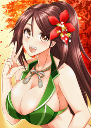 Rule 34 | 1girl, alternate costume, amagi (kancolle), bare shoulders, bikini, breasts, brown eyes, brown hair, cleavage, collarbone, commentary request, eyebrows, flower, green bikini, hair between eyes, hair flower, hair ornament, highres, kantai collection, large breasts, long hair, looking at viewer, makumaxu, mole, mole under eye, open mouth, ponytail, solo, swimsuit, upper body, v