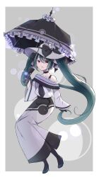 Rule 34 | 1girl, black bow, black choker, black gloves, black pantyhose, bow, choker, commentary, creatures (company), dark miku (project voltage), earrings, game freak, gloves, green footwear, green hair, hat, hat bow, hatsune miku, high heels, highres, holding, holding umbrella, jewelry, long hair, long skirt, long sleeves, looking at viewer, luxury ball, microphone, nintendo, off shoulder, pantyhose, poke ball, pokemon, project voltage, red eyes, ring, siquartz22, skirt, twintails, umbrella, uneven twintails, very long hair, vocaloid