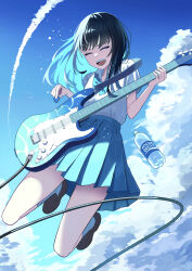 Rule 34 | 1girl, absurdres, black hair, blue bow, blue skirt, blue theme, bottle, bow, brown footwear, closed eyes, cloud, collared shirt, colored inner hair, contrail, electric guitar, english text, guitar, highres, holding, holding plectrum, instrument, jumping, lex suri12, multicolored hair, open mouth, original, plectrum, pocari sweat, school uniform, shirt, skirt, sky, smile, socks, teeth, tongue, two-tone hair, uniform, upper teeth only, water bottle