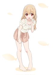 Rule 34 | 1girl, bare legs, barefoot, blonde hair, blush, braid, breasts, cleavage, collarbone, commentary request, eyelashes, frilled shirt collar, frills, full body, hair between eyes, hand up, highres, leaning forward, legs, looking at viewer, medium breasts, minagi koharu, miniskirt, open mouth, pleated skirt, red eyes, short sleeves, skirt, slow loop, solo, standing, thighs, toes, twin braids, v, warukusu, white background