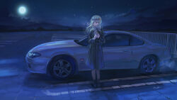 Rule 34 | 1girl, ankle boots, black dress, black footwear, blue eyes, boots, car, cloud, commentary request, cup, disposable cup, dress, drink, fence, full body, full moon, highres, holding, holding cup, holding drink, light brown hair, long hair, long sleeves, momo hiki, moon, motor vehicle, mountainous horizon, night, night sky, original, outdoors, parking lot, scarf, sky, solo, standing, star (sky), starry sky, vehicle focus, vehicle request, white scarf