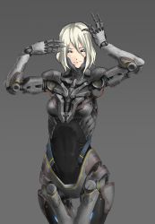 Rule 34 | 1girl, android, arms up, black sclera, blue eyes, breasts, colored sclera, female focus, grey background, hair between eyes, highres, hikichi sakuya, joints, looking at viewer, original, robot joints, science fiction, simple background, solo, thigh gap, white hair