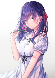 Rule 34 | 1girl, absurdres, black ribbon, blue eyes, blush, braid, collared dress, crying, crying with eyes open, dress, fate/stay night, fate (series), flower, hair between eyes, hair over shoulder, hair ribbon, highres, holding, holding flower, long hair, matou sakura, official alternate costume, pink flower, purple hair, red ribbon, rei no himo, ribbon, short sleeves, simple background, solo, standing, sundress, tears, tsukasa tsubasa, white background, white dress