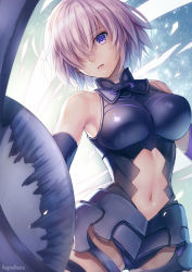 Rule 34 | 1girl, armor, armored leotard, artist name, backlighting, bare shoulders, black armor, black leotard, breasts, clothing cutout, commentary request, cowboy shot, elbow gloves, fate/grand order, fate (series), faulds, gloves, glowing, gluteal fold, groin tendon, hagino kouta, hair over one eye, halterneck, highres, impossible clothes, impossible leotard, legs apart, leotard, light purple hair, looking at viewer, mash kyrielight, medium breasts, navel, navel cutout, parted lips, photoshop (medium), purple eyes, revision, shield, short hair, skin tight, solo, standing, straight hair, thigh strap, thighs, turtleneck