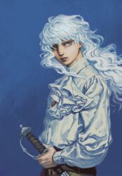 Rule 34 | 1boy, absurdres, ascot, behelit, berserk, blue background, blue eyes, closed mouth, collared shirt, eyelashes, floating clothes, floating hair, from side, griffith (berserk), highres, holding, holding sword, holding weapon, lips, long hair, long sleeves, looking at viewer, male focus, puffy long sleeves, puffy sleeves, renjianshige967, shirt, simple background, solo, sword, wavy hair, weapon, white ascot, white hair, white shirt