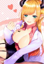 Rule 34 | 1girl, black skirt, blonde hair, blush, breasts, center frills, cleavage, collared shirt, commentary request, curled horns, demon horns, diagonal stripes, frilled shirt, frills, garter straps, green eyes, hair ribbon, hand up, heart, highres, hololive, horns, lab coat, lace, lace-trimmed skirt, lace trim, large breasts, long hair, long sleeves, looking at viewer, maria (maria0304), open clothes, open shirt, parted lips, pink shirt, pointy ears, ribbon, shirt, sitting, skirt, sleeves past wrists, smile, solo, striped, striped background, teeth, upper teeth only, very long hair, virtual youtuber, white ribbon, yuzuki choco, yuzuki choco (1st costume)
