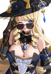 Rule 34 | 1girl, absurdres, adjusting eyewear, bare shoulders, black dress, black gloves, black hat, blonde hair, blue eyes, breasts, cleavage, commentary, detached collar, detached sleeves, dress, drill hair, drill sidelocks, elbow gloves, genshin impact, gloves, hat, highres, jewelry, large breasts, long hair, looking at viewer, navia (genshin impact), necklace, one eye closed, s redbutterfly, sidelocks, simple background, solo, strapless, strapless dress, sunglasses, swept bangs, tongue, tongue out, white background