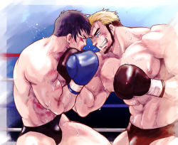 Rule 34 | 2boys, abs, bara, beard, blood, boxing, boxing gloves, bulge, cowboy shot, duel, eye contact, facial hair, grin, injury, large pectorals, looking at another, male focus, mature male, multiple boys, muscular, muscular male, navel, nipples, original, owariya ranko, pectorals, short hair, smile, stomach, sweat, thick thighs, thighs, topless male, wrestling outfit, wrestling ring
