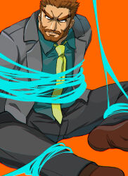 Rule 34 | 1boy, absurdres, bara, beard, bound, bound arms, bound legs, brown hair, double chin, formal, frown, full beard, highres, hiwen-d, looking at viewer, male focus, mature male, necktie, original, short hair, sitting, socks, solo, spread legs, suit, thick eyebrows