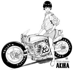 Rule 34 | 1980s (style), 1girl, akira (manga), female focus, hand on own hip, hip focus, kei (akira), monochrome, motor vehicle, motorcycle, oldschool, retro artstyle, short hair, skirt, smile, solo, vehicle, white background
