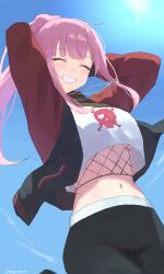 Rule 34 | 1girl, absurdres, arms behind head, black pants, blue sky, blush, breasts, closed eyes, commentary, cowboy shot, crop top, crop top overhang, fishnet top, fishnets, grin, highres, hololive, hololive english, jacket, kongarisalmon, long hair, mori calliope, mori calliope (streetwear), multicolored clothes, multicolored jacket, navel, official alternate costume, pants, pink hair, shirt, sidelocks, skull and crossbones, sky, smile, sun, symbol-only commentary, two-tone jacket, underboob, virtual youtuber, white shirt