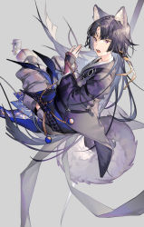 Rule 34 | 1girl, absurdres, aniao ya, animal ears, arknights, beads, black hair, commentary request, dog ears, dog tail, grey background, hand up, highres, japanese clothes, kimono, long hair, long sleeves, looking at viewer, open mouth, pants, prayer beads, purple eyes, purple kimono, saga (arknights), simple background, solo, tail, wide sleeves