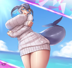 Rule 34 | 1girl, anchor hair ornament, arm under breasts, black-framed eyewear, black footwear, blowhole, blue eyes, blue hair, blue whale (kemono friends), boots, breasts, cetacean tail, cowboy shot, dorsal fin, dress, fins, fish tail, from behind, glasses, grey sweater, hair ornament, highres, huge breasts, japari symbol, kemono friends, kemono friends 3, looking at viewer, multicolored hair, ocean, ribbed dress, ribbed sweater, semi-rimless eyewear, short dress, solo, standing, sweater, sweater dress, tail, takebi, thigh boots, turtleneck, two-tone hair