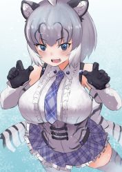 Rule 34 | 1girl, animal costume, animal ear fluff, animal ears, blue eyes, breasts, cave lion (kemono friends), elbow gloves, gaga (gamerakero), gloves, grey hair, highres, kemono friends, kemono friends 3, kneehighs, large breasts, lion costume, lion ears, lion girl, lion tail, looking at viewer, necktie, open mouth, shirt, short hair, simple background, skirt, sleeveless, sleeveless shirt, socks, solo, tail