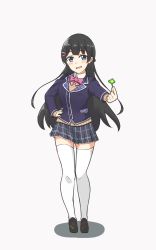 Rule 34 | 1girl, black hair, blazer, blue eyes, clover (flower), flower, hair ornament, hairclip, hand on own hip, highres, holding, holding flower, jacket, loafers, long hair, long sleeves, looking at viewer, nijisanji, pleated skirt, school uniform, shoes, skindentation, skirt, smile, standing, thighhighs, tsukino mito, tsukino mito (1st costume), virtual youtuber, white thighhighs, yagara (kishimen f), zettai ryouiki