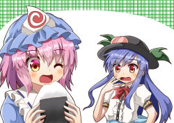 Rule 34 | 2girls, ;d, arms up, black headwear, blue hair, blue headwear, blue kimono, blush, bow, bowtie, commentary request, food, fruit, green background, hair between eyes, hand on own face, hat, hinanawi tenshi, holding, holding food, japanese clothes, kimono, leaf, long hair, long sleeves, looking at another, looking down, mob cap, multiple girls, one eye closed, onigiri, open mouth, peach, pink eyes, pink hair, plaid, plaid background, puffy short sleeves, puffy sleeves, red neckwear, saigyouji yuyuko, shirt, short hair, short sleeves, sidelocks, smile, sugiyama ichirou, touhou, triangular headpiece, upper body, very long hair, white background, white shirt