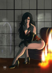 Rule 34 | 1girl, alternate costume, ass, bare shoulders, black hair, breasts, candle, center frills, center opening, circlet, cleavage, collarbone, condensation, elbow gloves, fire, fire emblem, fire emblem: the blazing blade, frills, full body, gloves, high heels, ihsnet, indoors, jewelry, large breasts, leaning forward, lipstick, long hair, looking to the side, makeup, mature female, nintendo, plunging neckline, red sash, sash, sitting, solo, sonia (fire emblem: the blazing blade), thighs, window, window fog, yellow eyes