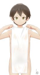 Rule 34 | 1other, ambiguous gender, black hair, brown eyes, holding, looking at viewer, nude, original, satsuyo, short hair, simple background, smile, solo, towel, towel in front, white background