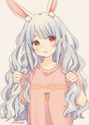Rule 34 | :/, alternate costume, alternate hairstyle, animal ear fluff, animal ears, aqua hair, blush, carrot print, collarbone, commentary request, food print, head tilt, highres, holding, holding hair, hololive, long hair, looking at viewer, mizutamako, multicolored hair, rabbit ears, shirt, short sleeves, sidelocks, signature, simple background, solo, streaked hair, swept bangs, symbol-shaped pupils, t-shirt, thick eyebrows, two-tone hair, upper body, usada pekora, virtual youtuber, wavy hair, white background, white hair