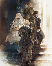 Rule 34 | 1girl, 3boys, andrias rhondarson, artist request, black jacket, blonde hair, blue scarf, brown eyes, brown hair, commentary, english commentary, fantasy, flag, floating hair, fredret lester, grey eyes, hair behind ear, helmet, highres, holding, holding helmet, holding sword, holding weapon, iscarion colchester, jacket, knight, long hair, looking at viewer, looking up, male focus, armored boots, multiple boys, official art, scarf, skirt, standing, sword, the diofield chronicle, very long hair, waltaquin redditch, weapon, white skirt, yellow eyes