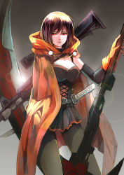 Rule 34 | 1girl, alternate costume, alternate eye color, bad id, bad pixiv id, belt, black hair, breasts, cape, cleavage, cloak, corset, female focus, gloves, gradient background, grey background, gun, highres, hood, hood down, hooded cloak, huge weapon, katana, large breasts, lens flare, lips, pantyhose, red eyes, rifle, ruby rose, rwby, scythe, short hair, simple background, skirt, sniper rifle, solo, sword, weapon, zhuxiao517