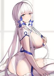 Rule 34 | 1girl, ahoge, ass, azur lane, bed, bedroom, blue eyes, blush, breast focus, breasts, breasts out, butt crack, closed mouth, dress, fan, feet, flower, flower hair ornament, from side, functionally nude, garter straps, hair ornament, hair ribbon, highres, illustrious (azur lane), illustrious (maiden lily&#039;s radiance) (azur lane), implied nopan, large breasts, long hair, looking at viewer, mole, mole under eye, nipples, no bra, on bed, puffy areolae, puffy nipples, ribbon, sidelocks, sitting, siu (siu0207), skindentation, smile, solo, thick thighs, thighhighs, thighs, third-party edit, twintails, very long hair, white dress, white hair, window